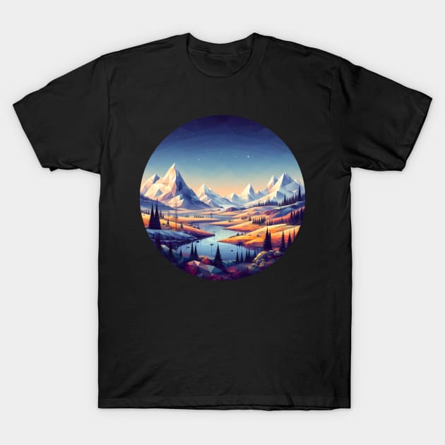 Low Poly Winter Mountain Forest with Starry Sky T-Shirt by Antipodal point